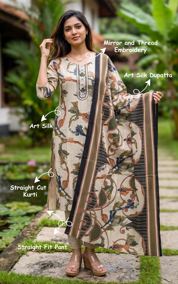 Off White Floral Print with Mirror work Straight cut Kurti set